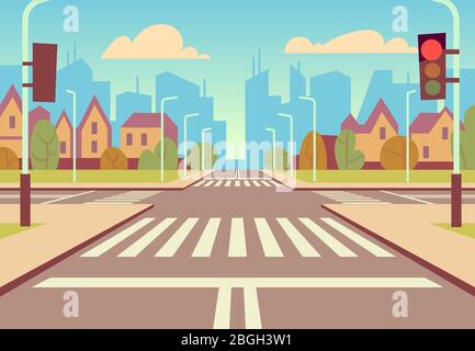 Cartoon City Kreuzungen mit Ampeln, Bürgersteig, Fußgängerweg und Stadtlandschaft. Leere Straßen für Autoverkehr Vektor-Illustration. Städtische Straße Stadt mit Fußgängerweg und Bürgersteig Stock Vektor