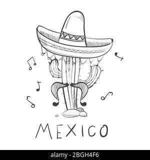 Mexiko Skizze Kaktus in Sombrero - Hand gezeichnete mexikanische Symbole drucken. Vektorgrafik Stock Vektor