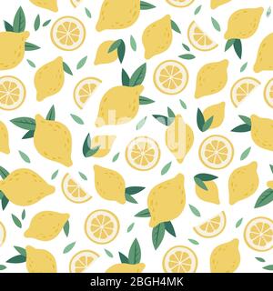 Nahtloses Muster mit Zitrusfrüchten. Lemon Cartoon lustige handgezeichnete Grafiken, dekorative Doodle Print mit saftigen Zitrusfrüchten, frische Zitronen und grüne Blätter Vektor Stock Vektor