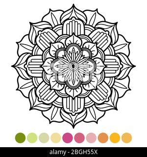 Antistress Mandala Malseite mit Farben Probe. Asiatisches, arabisches Ornamentdesign. Vektorgrafik Stock Vektor