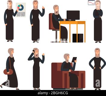 Arabische Geschäftsfrau in islamischer saudi-Kleidung in verschiedenen Geschäftssituationen. Arabische weibliche Vektor-Cartoon-Figuren isoliert. Geschäftsfrau muslim in traditioneller Kleidung Illustration Stock Vektor