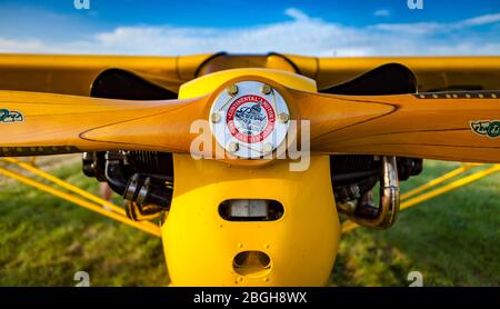 Nase und Propeller einer Piper Cub. Stockfoto