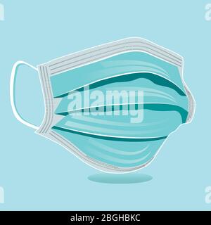 Details 3d medizinische chirurgische Maske auf blauem Hintergrund isoliert. COVID19-Schutz. Realistische Maske. Stock Vektor