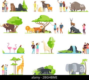 Glückliche Familien, Kinder mit Eltern und wilde Zootiere im Wildpark. Vektor Cartoon Set isoliert auf weißem Hintergrund. Illustration von Giraffe und Vogel, Bär und Panther Stock Vektor