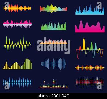 Musik-Equalizer, Audio-analoge Wellen, Studio-Sound-Frequenz, Musik-Player Wellenform, Klangspektrum Signal, Sonic Tracks Vektor gesetzt. Elektronische Equalizer-Frequenz, Wellenkurve, Wellenformen Stock Vektor