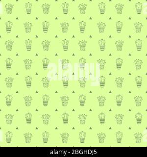 Pastell grün nahtlose Muster mit Topfpflanzen Kakteen, Sukkulenten und einfache Dreiecke im Doodle-Stil auf grünem Hintergrund isoliert.Vektor-Kontur Stock Vektor