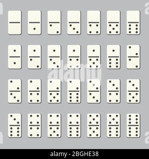 Vollständige Domino Stücke. Nummerierte Fliesen für Familie Strategie-Tabelle Spiel. Vektor Dominosteine Zeichen isoliert auf transparentem Hintergrund. Zahlenpunkte, Spielunterhaltung mit rechteckiger Abbildung Stock Vektor