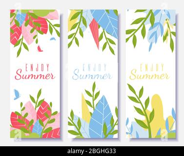 Genießen Sie Sommer Motivation Flyer in Cartoon-Stil gesetzt. Kreative Karten mit Inspiration Text. Willkommen Sommer-Cover und Social Media Vorlagen. Vektor Stock Vektor