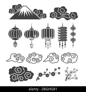 Vintage asiatische Element Silhouetten. Traditionelle chinesische oder japanische Lampen, Blumen, Wolken. Vector orientalische Laterne und Blume, Wolke und Zweig Illustration Stock Vektor