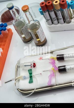 Aerobe und anaerobe Blutkulturproben in einem Krankenhaus, Spanien Stockfoto