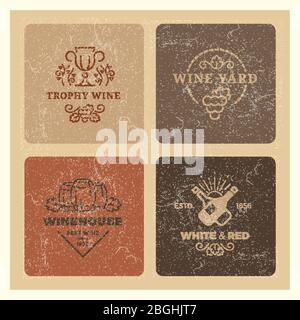 Grunge Wein Logos von Set. Vintage Hipster Wein Vektor Embleme Illustration Stock Vektor