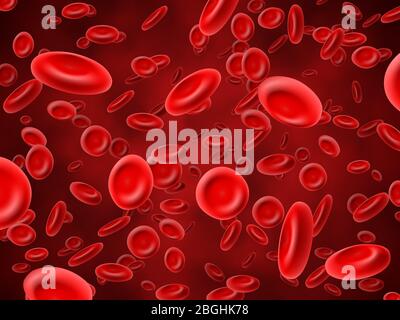 Rote Blutkörperchen. Medizinischer Hämatologie-Vektor Hintergrund mit 3d-Makroerythrozyten. Illustration von Closeup Hämoglobin Streaming, Plasma mit Erythrozyten Stock Vektor