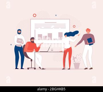 Office People Team Diskutiert Geschäftsprojekt. Vector Conference Hall, Interaktives Whiteboard mit Grafiken und Grafiken Illustration. Teambesprechung, Brai Stock Vektor