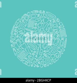 Handgezeichnetes Monoline Pharmacy Doodle Set Hintergrund mit Schriftzug in Vektor-Banner Stock Vektor