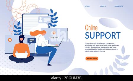 Flache Landing Page für Online Support Service Application. Technische Hotline, Chat Über Kundenhelpline. Cartoon Mann und Frau Business Operators Charakter Stock Vektor