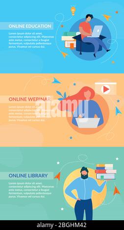 Online-Education Banner auf Farbraum gesetzt. Text Headers Kit für Landing Pages mit E-Learning, E-Bibliothek, Fernwebinarkurse, Vorlesungen und Zertifikat Stock Vektor