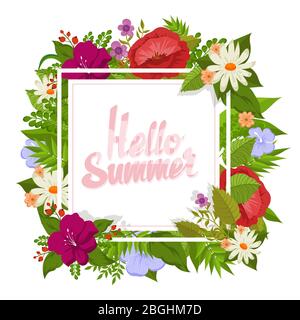 Vektor-Hintergrund mit Cartoon Blumen. Hallo Sommer Blumenmuster für Karte. Ilustration von floral farbigen Blume, Banner Natur tropische Pflanze Stock Vektor