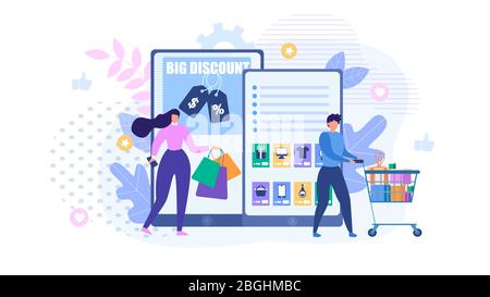 Menschen Online-Shopping mit Rabatt Metapher Cartoon-Werbung. Mann schieben Warenkorb voll von Waren und Frau Holding Handtaschen stehen in der Nähe von zwei riesigen Telefon scre Stock Vektor