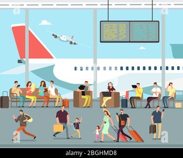 Internationaler Flughafen Terminal mit sitzenden und zu Fuß Personen. Männer und Frauen, Familien mit Kindern gehen auf Sommerurlaub Vektor-Konzept. Familie am Flughafen, Leute Frau und Mann mit Gepäck Stock Vektor