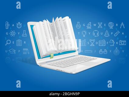 Ein Laptop mit einem allgemeinen Wissensbuch. Ein E-Learning-System. Stock Vektor