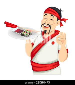 Asiatischer Koch hält Teller mit Sushi, Sojasoße und Essstäbchen. Schöner japanischer Koch Cartoon Charakter. Vektorgrafik. Stock Vektor