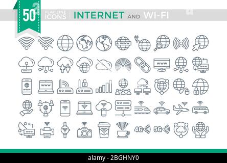 Stellen Sie die Symbole für die Vektorgrafik für die flache Linie Internet und Wi-Fi ein Stock Vektor