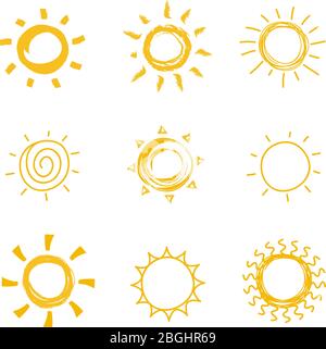 Handgezeichnete Kollektion Shining Sun. Sommer Wärme Vektor Doodle Sonne Symbole. Illustration von Sonne Skizze, Sonne und Sonnenschein Kritzelzeichnung Stock Vektor