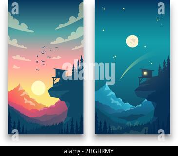 Tag und Nacht flache Vektor-Berglandschaft mit Mond, Sonne und Wolken am Himmel. Vector Konzept für Wetter App. Landschaft Natur Tag und Nacht Illustration Stock Vektor