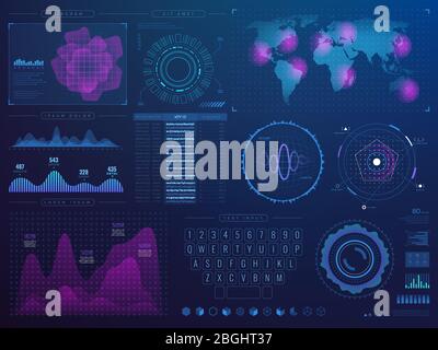 Futuristische hud-Schnittstelle. Science Future Tech Vektor ui mit Infografik-Elementen. Vector digitale Schnittstelle, futuristisches Display mit virtuellen Hologramm Illustration Stock Vektor