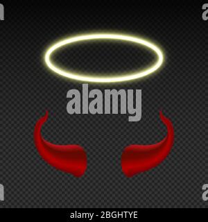 Teufelshörner und leuchtender Engel Nimbus. Himmel und Hölle Vektor-Symbole isoliert. Engel und Teufel, Satan und heilige Illustration Stock Vektor