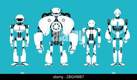 Verschiedene Roboter Androiden. Niedliche Cartoon futuristische humanoide Charaktere gesetzt. Android freundliche Charakter, Roboter-Technologie Vektor-Illustration Stock Vektor