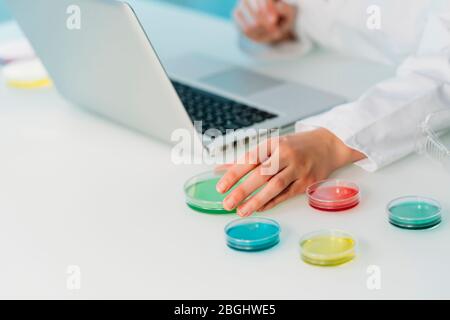 Nahaufnahme einer Wissenschaftlerin, die in einem Labor mit Laptop und Petrischale arbeitet, die das Coronavirus untersucht. Mikrobiologische Laborgeräte. Stockfoto