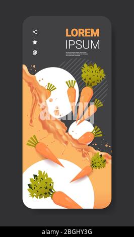 Frische Orange Karotte Saft Flüssigkeit Spritzer realistisch spritzt gesund Gemüse spritzt Wellen Smartphone-Bildschirm mobile App vertikal kopieren Raum Vektor-Illustration Stock Vektor