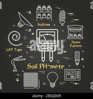 Vektor schwarz Konzept der hydroponic und Wachstum führte Licht - Boden PH-Meter Stock Vektor