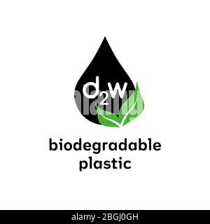 Biologisch abbaubares d2w Plastikschild. Vector Logo Öko-Emblem für Bio-Paket Stock Vektor