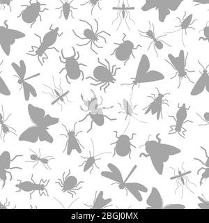 Graue Silhouetten Insekt nahtlose Muster Hintergrund auf weiß. Vektorgrafik Stock Vektor