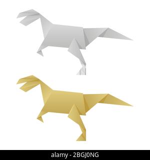 Silber und goldenes Papier Origami Dinosaurier isoliert auf weißem Hintergrund. Vektorgrafik Stock Vektor