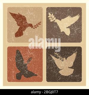 Taube der Ruhe Silhouette Embleme. Grunge Taube mit Zweig-Logo-Set. Vogel Hoffnung Freiheit, Tier religiösen Fliegen. Vektorgrafik Stock Vektor
