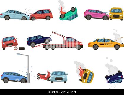 Fahrzeugschaden. Transport Crash und gefährliche Schäden, gebrochen, gebrochene Fahrzeuge, verschiedene unangenehme Situationen auf Stadt Straße Vektor-Illustration gesetzt Stock Vektor