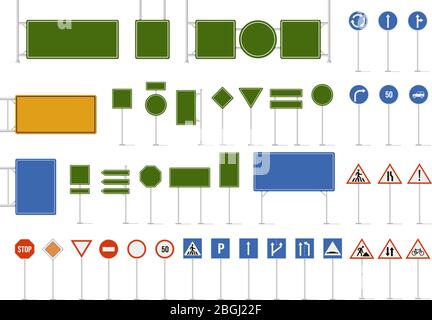 Straßenschild. Verkehrsschilder, Warnhinweise und Verkehrsschilder. Vorschriften und Wegweiser Zeichen, Autobahn Schilder Stock Vektor