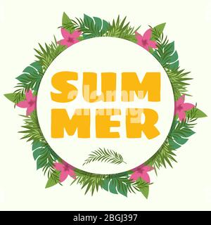 Sommer Banner ot Poster mit tropischen Pflanzen und Blumen. Vektorgrafik Stock Vektor