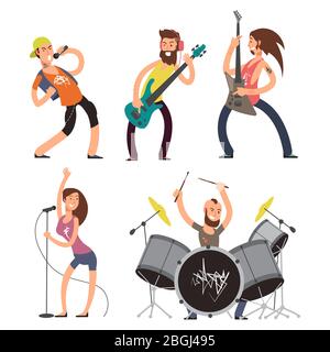 Rockmusiker und Sänger isoliert auf weißem Hintergrund. Musik-Band-Performance, junge Gitarrist Künstler, Vektor-Illustration Stock Vektor