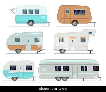 Wohnmobil Wohnwagen Camping Anhänger, Reise-Mobilheim, Wohnwagen Vektor-Set isoliert. Home Camper für die Reise, Anhänger Mobile der Sammlung Illustration Stock Vektor