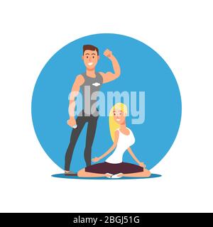 Sport Mann und Frau Wohnung Cartoon-Figuren. Vektor Fitness Motivation Emblem Illustration Stock Vektor