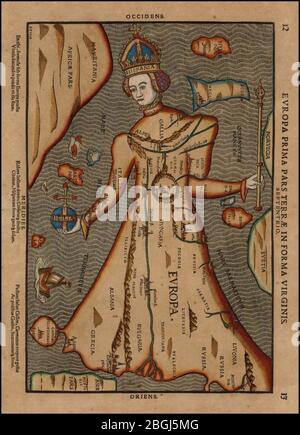 Historische Karte Europa-Prima-Pars Terrae-in-Forma-Virginis C.P.1548 stehend. Stockfoto