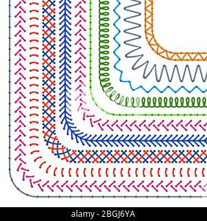 Pinsel mit genähten Mustern. Nahtlose Nahtränder und Nähen Trennwände Vektor-Set. Illustration der Stich Verzierung Ecke Stock Vektor