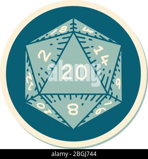 Aufkleber von Tattoo im traditionellen Stil eines d20 Würfel Stock Vektor