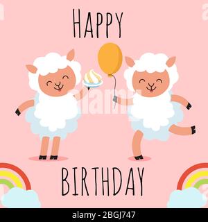 Happy Birthday Grußkarte mit niedlichen Cartoon-Charakter Schafe, Kuchen und Ballon. Vektorgrafik Stock Vektor