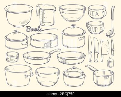 Küchengeräte und Küchenutensilien. Hand gezeichnete Vektor-Küchengeschirr isoliert. Schüssel und Topf, Glas zum Kochen Illustration Stock Vektor