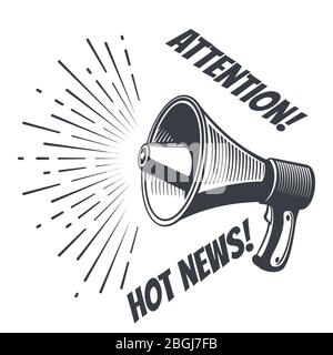 Hot News Aufmerksamkeit Poster mit Retro-Megaphon und Sunburst. Vektorgrafik Stock Vektor